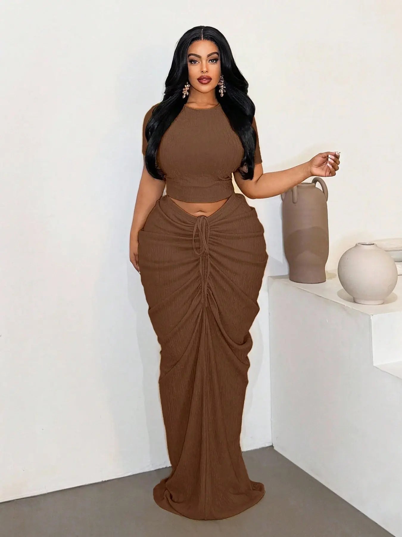 Plus Size Two-Piece Women'S Set, Ribbed Short Top & Drawstring Pleated Skirt, Sexy Slim Fit Evening Party Dress, Curvy Friendly Fashion