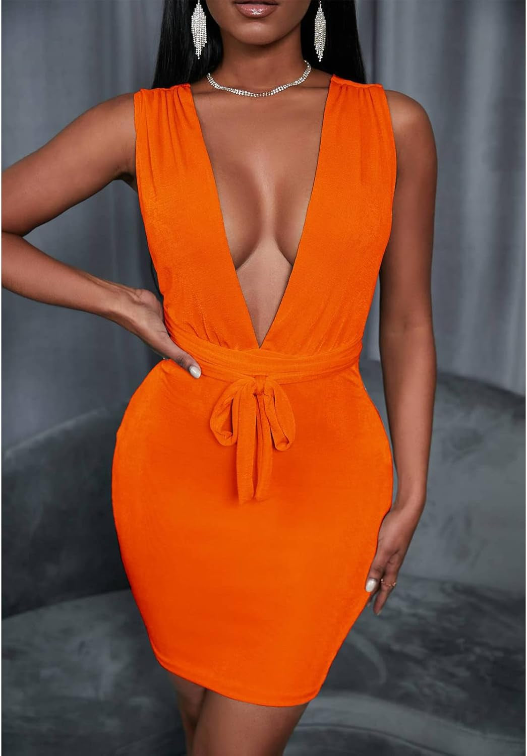 Women’S Sexy Bodycon Dress Elegant Sleeveless Deep V Neck Backless Mini Party Club Dresses