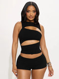 Women'S Solid Color Hollow Out Sleeveless Waist-Cinching Top & Slim Fit Shorts Set, Chic Stylish Hollow Out Design, Perfect for Outings and Dates Womenswear
