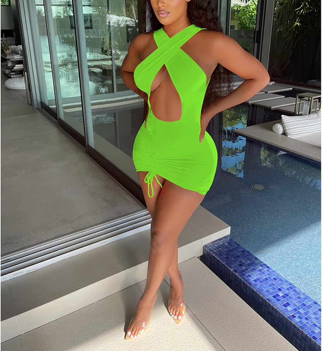 Women Sexy Mini Dresses Crisscross Bandage Halter Top Ruched Skirts Bodycon Short Dress Party Club Green L