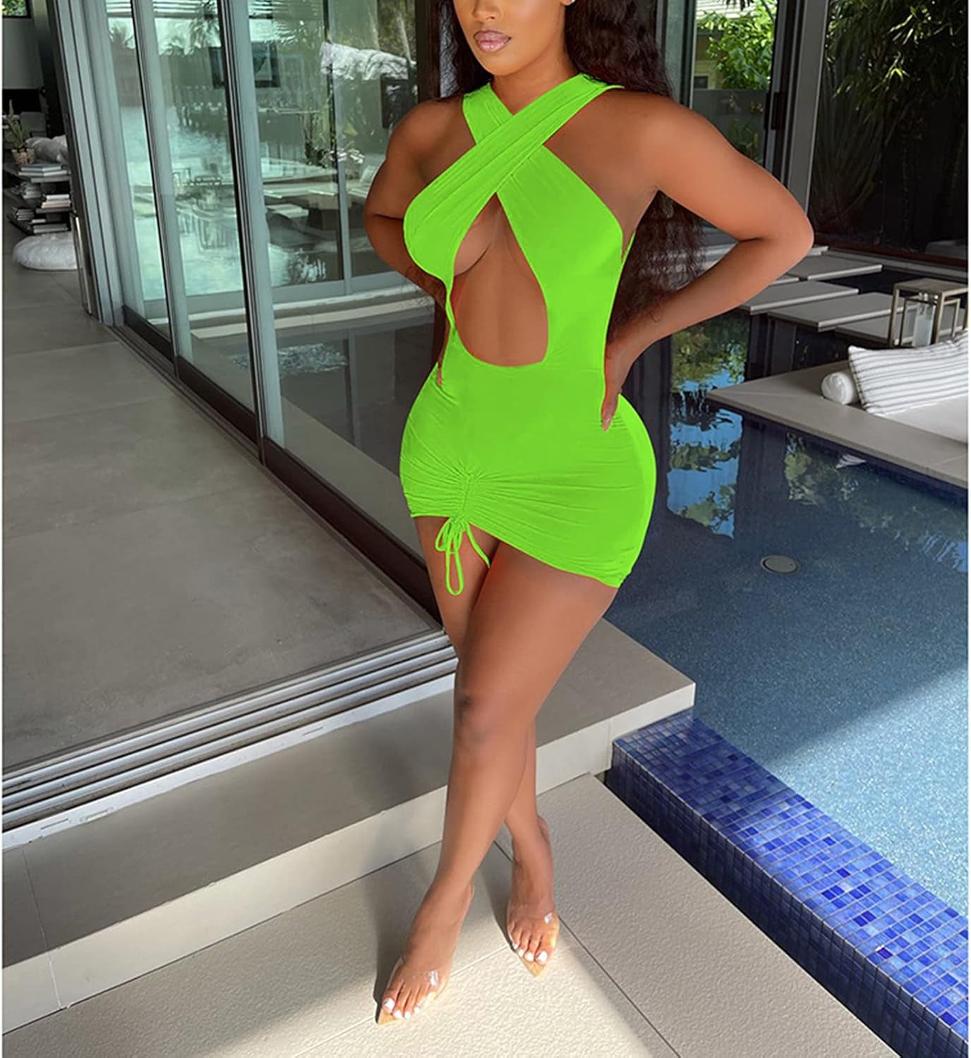 Women Sexy Mini Dresses Crisscross Bandage Halter Top Ruched Skirts Bodycon Short Dress Party Club Green L