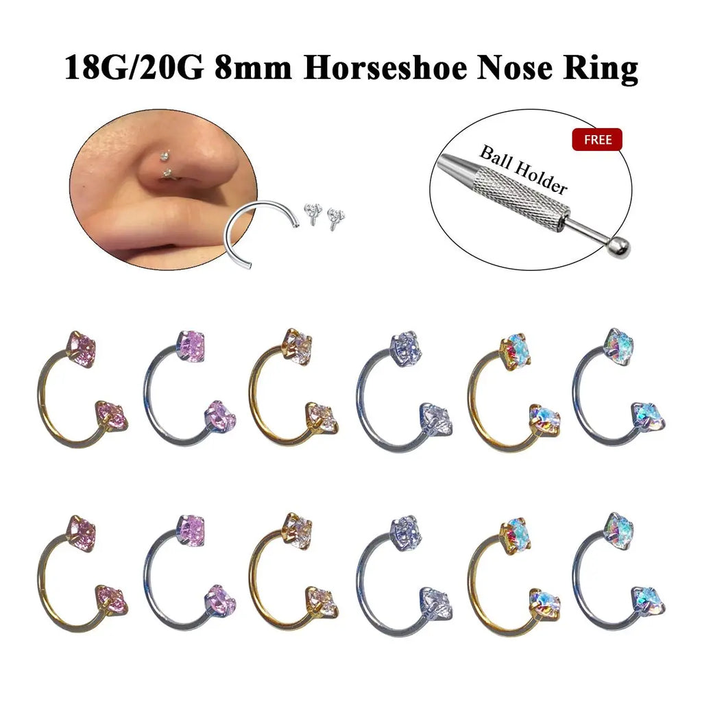 2PCS Titanium Silver&Gold Bar 18G/20G Horseshoe Nose Rings Internally Threaded Gems with Free Ball Holder & Guide Needle