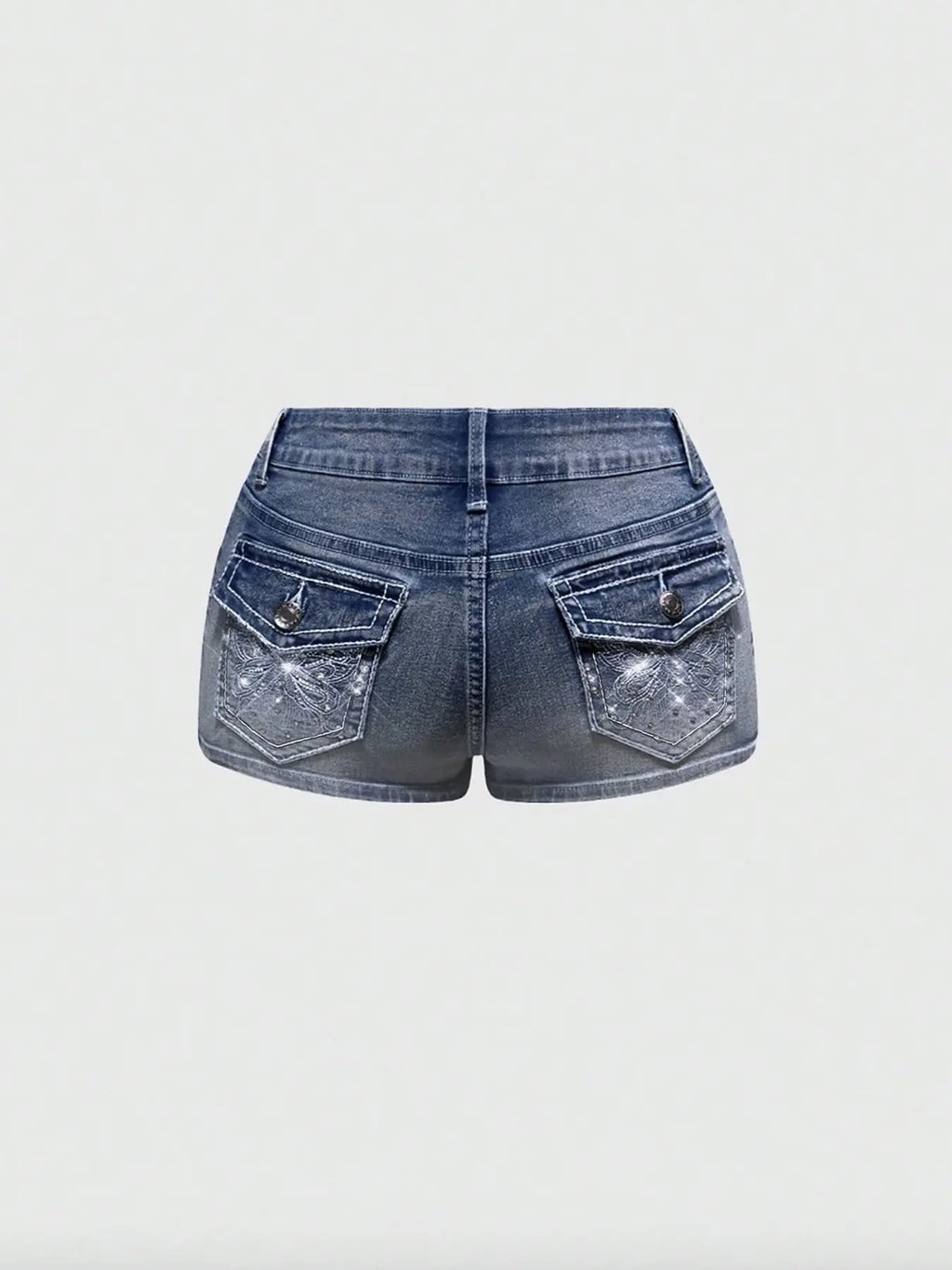 Women'S Y2K Butterfly Embroidered Embroidery Rhinestone Low Waist Stretch Denim Bottom Shorts, Light Wash, Fashionable Trend and Comfortable, Perfect for Casual Wear, Womenswear
