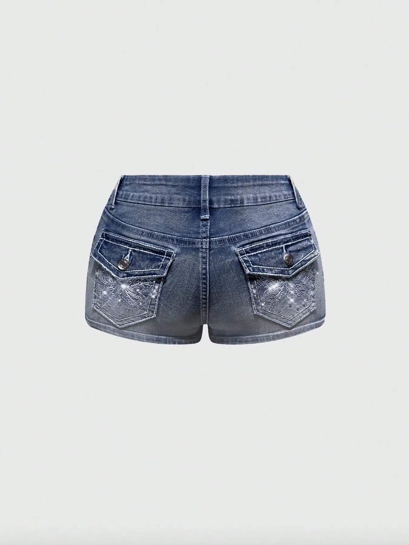Women'S Y2K Butterfly Embroidered Embroidery Rhinestone Low Waist Stretch Denim Bottom Shorts, Light Wash, Fashionable Trend and Comfortable, Perfect for Casual Wear, Womenswear