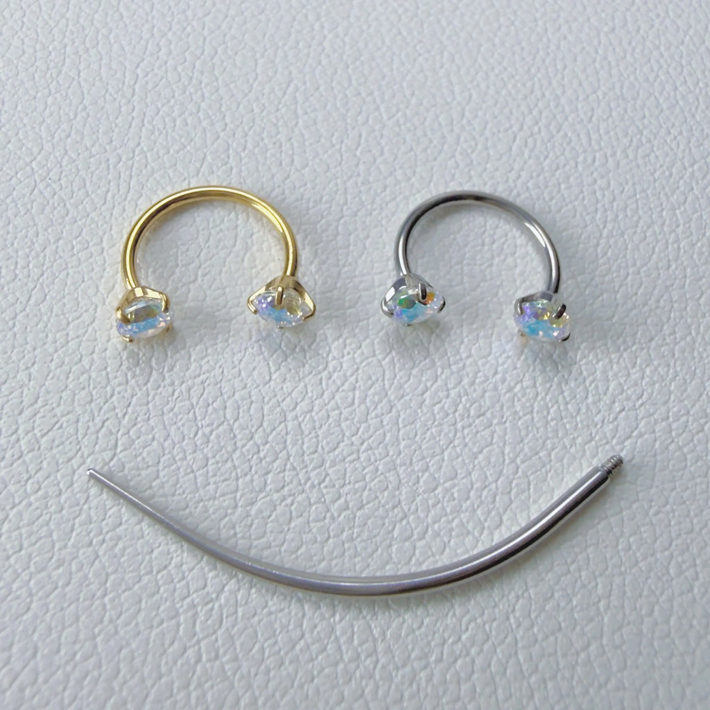 2PCS Titanium Silver&Gold Bar 18G/20G Horseshoe Nose Rings Internally Threaded Gems with Free Ball Holder & Guide Needle