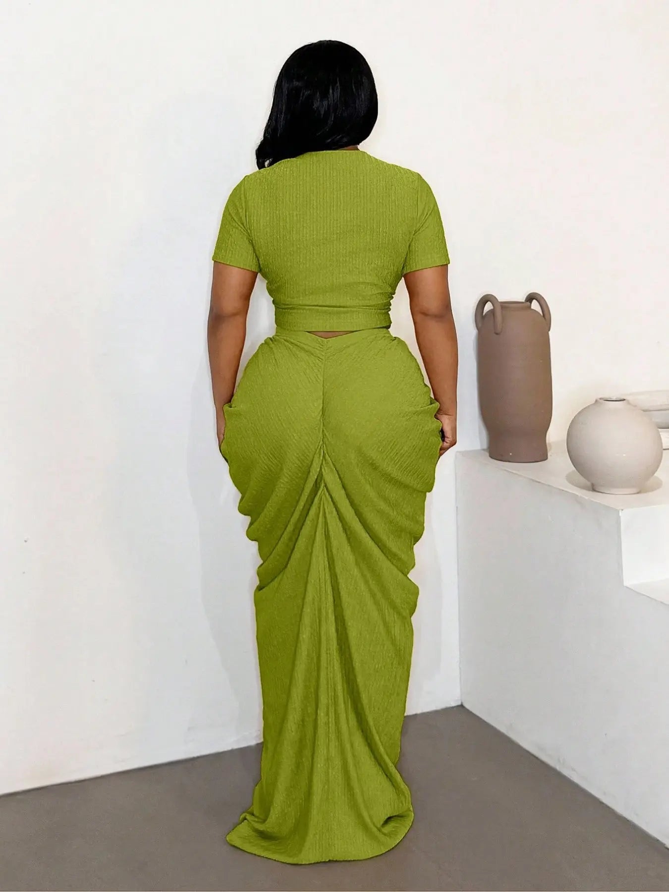 Plus Size Two-Piece Women'S Set, Ribbed Short Top & Drawstring Pleated Skirt, Sexy Slim Fit Evening Party Dress, Curvy Friendly Fashion