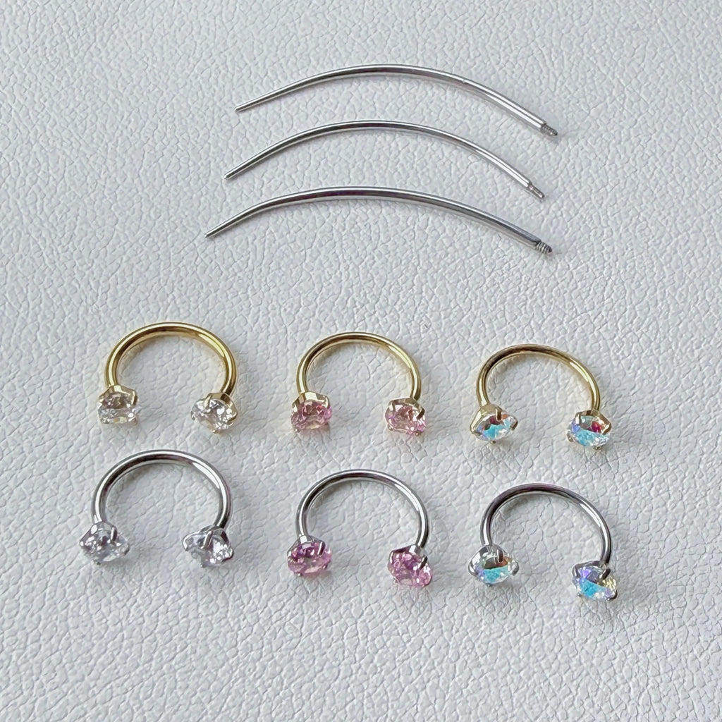 2PCS Titanium Silver&Gold Bar 18G/20G Horseshoe Nose Rings Internally Threaded Gems with Free Ball Holder & Guide Needle