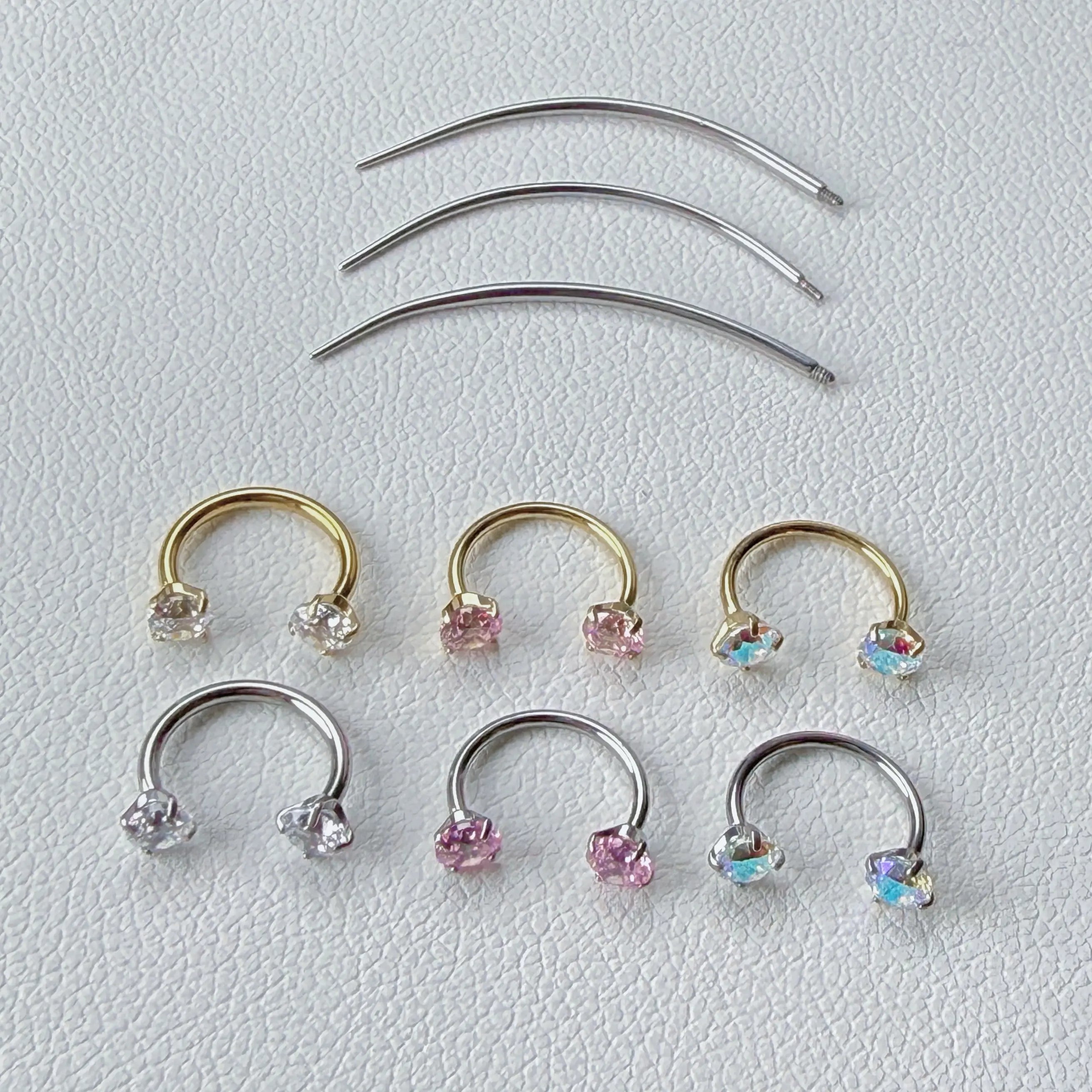 2PCS Titanium Silver&Gold Bar 18G/20G Horseshoe Nose Rings Internally Threaded Gems with Free Ball Holder & Guide Needle