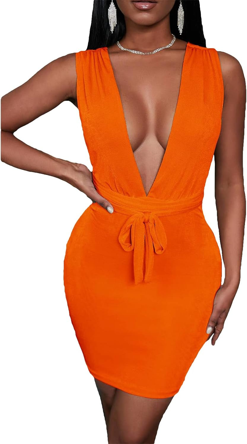 Women’S Sexy Bodycon Dress Elegant Sleeveless Deep V Neck Backless Mini Party Club Dresses