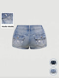 Women'S Y2K Butterfly Embroidered Embroidery Rhinestone Low Waist Stretch Denim Bottom Shorts, Light Wash, Fashionable Trend and Comfortable, Perfect for Casual Wear, Womenswear