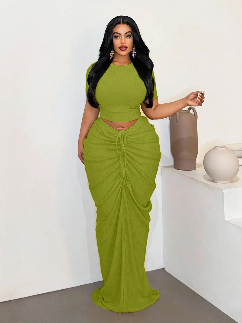 Plus Size Two-Piece Women'S Set, Ribbed Short Top & Drawstring Pleated Skirt, Sexy Slim Fit Evening Party Dress, Curvy Friendly Fashion