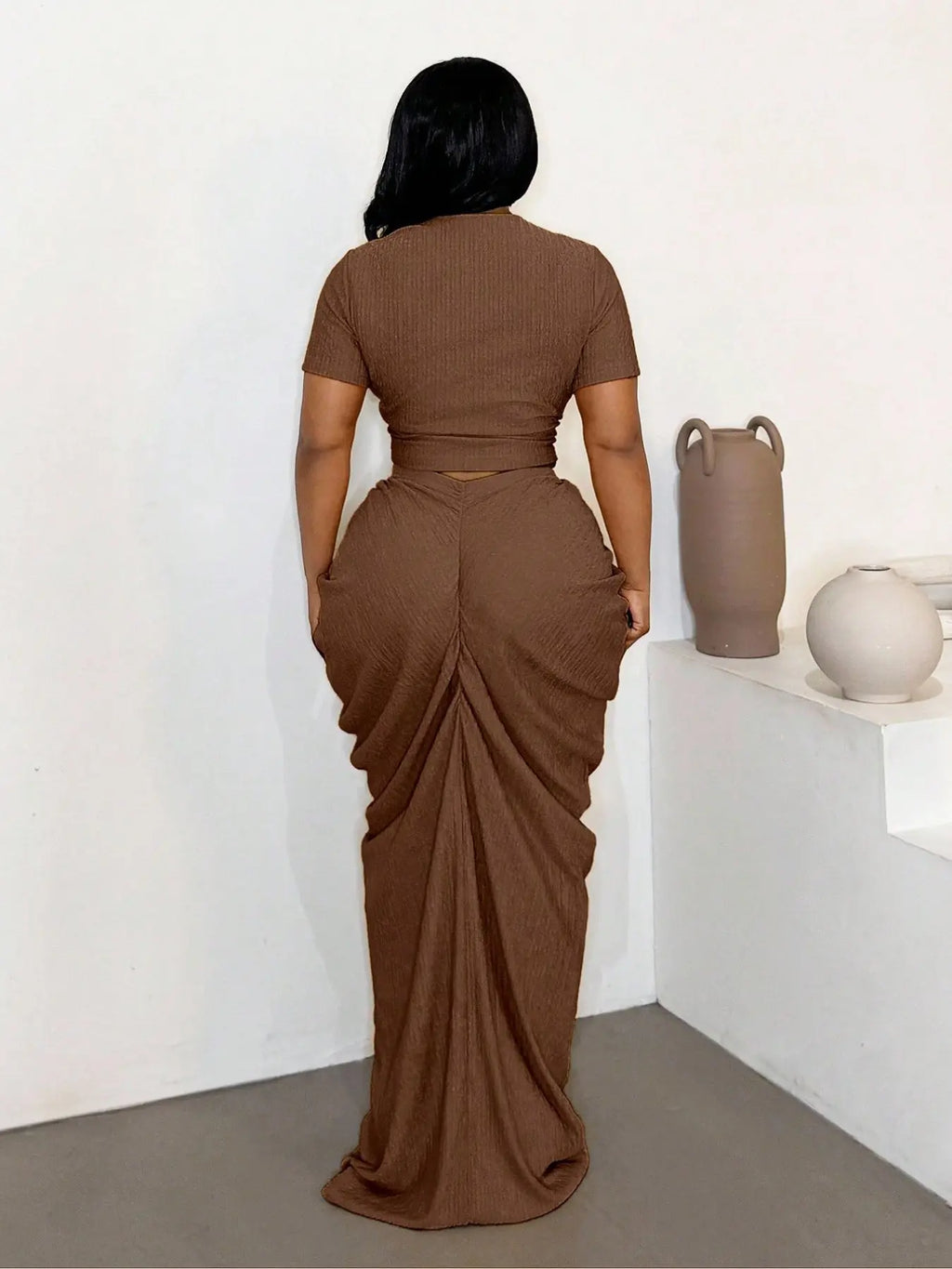 Plus Size Two-Piece Women'S Set, Ribbed Short Top & Drawstring Pleated Skirt, Sexy Slim Fit Evening Party Dress, Curvy Friendly Fashion