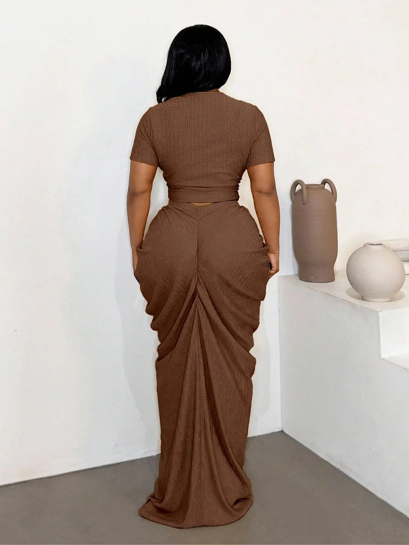 Plus Size Two-Piece Women'S Set, Ribbed Short Top & Drawstring Pleated Skirt, Sexy Slim Fit Evening Party Dress, Curvy Friendly Fashion