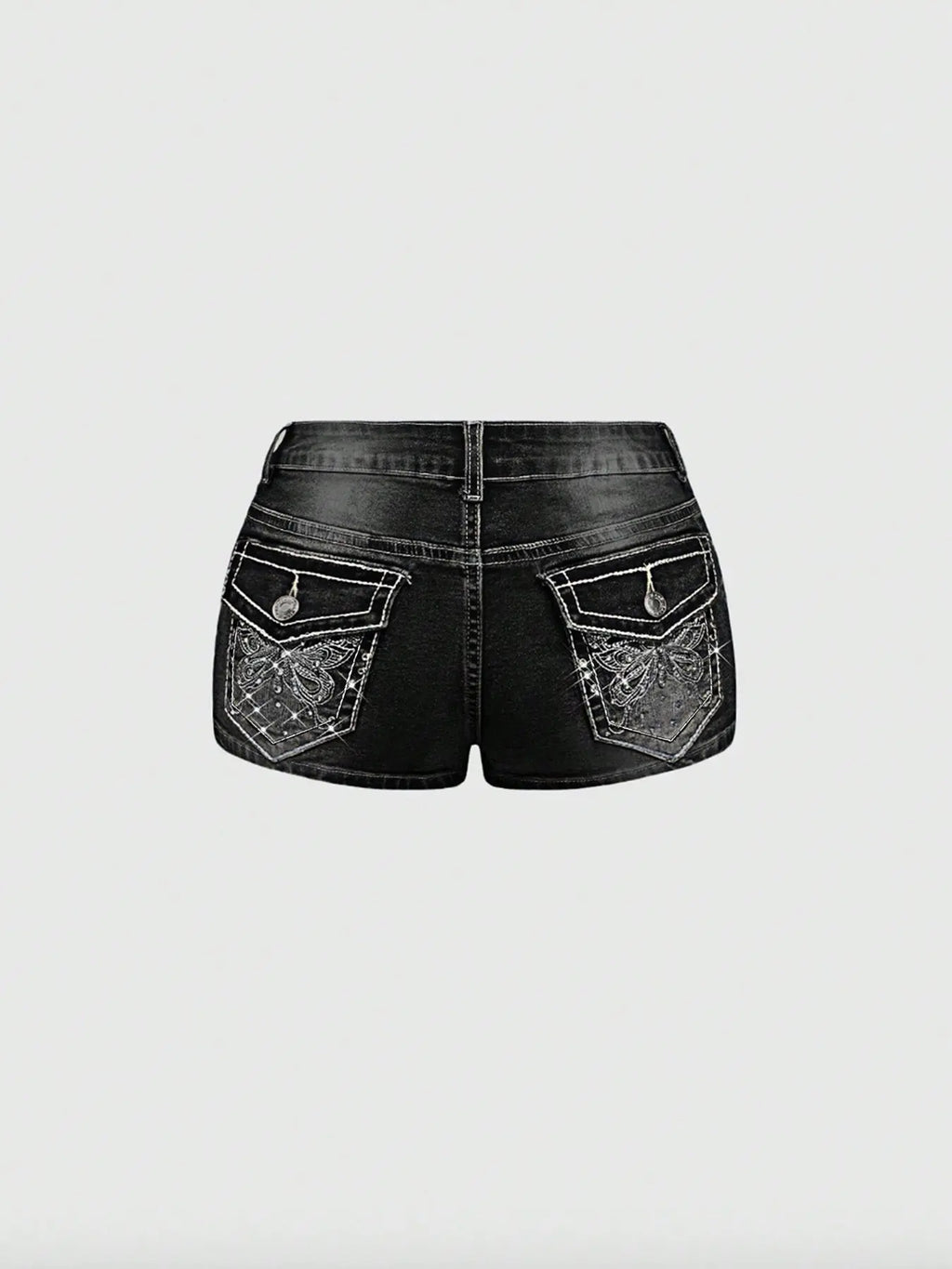 Women'S Y2K Butterfly Embroidered Embroidery Rhinestone Low Waist Stretch Denim Bottom Shorts, Light Wash, Fashionable Trend and Comfortable, Perfect for Casual Wear, Womenswear