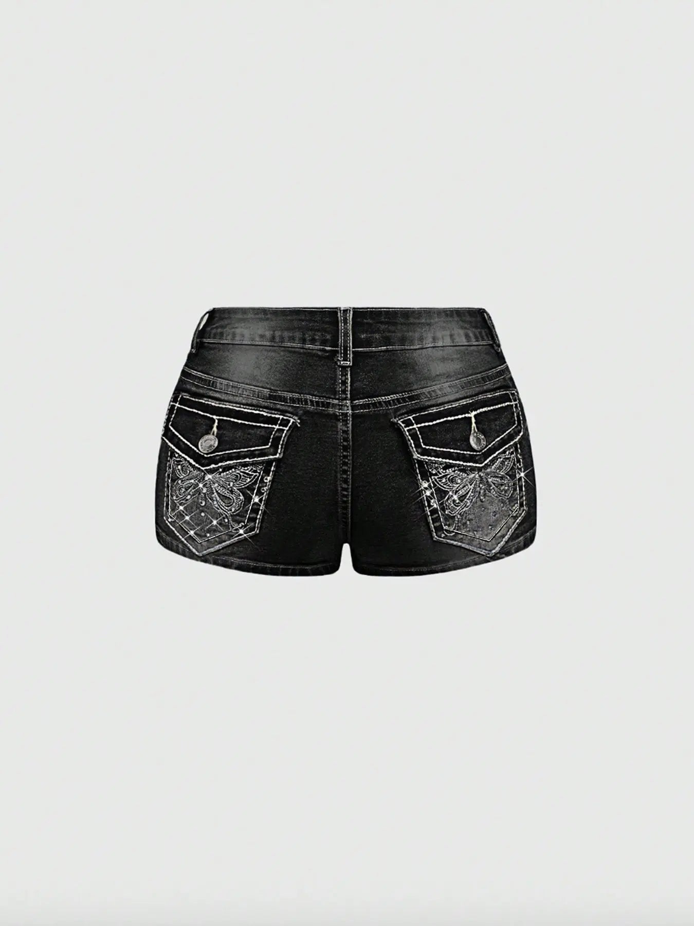 Women'S Y2K Butterfly Embroidered Embroidery Rhinestone Low Waist Stretch Denim Bottom Shorts, Light Wash, Fashionable Trend and Comfortable, Perfect for Casual Wear, Womenswear