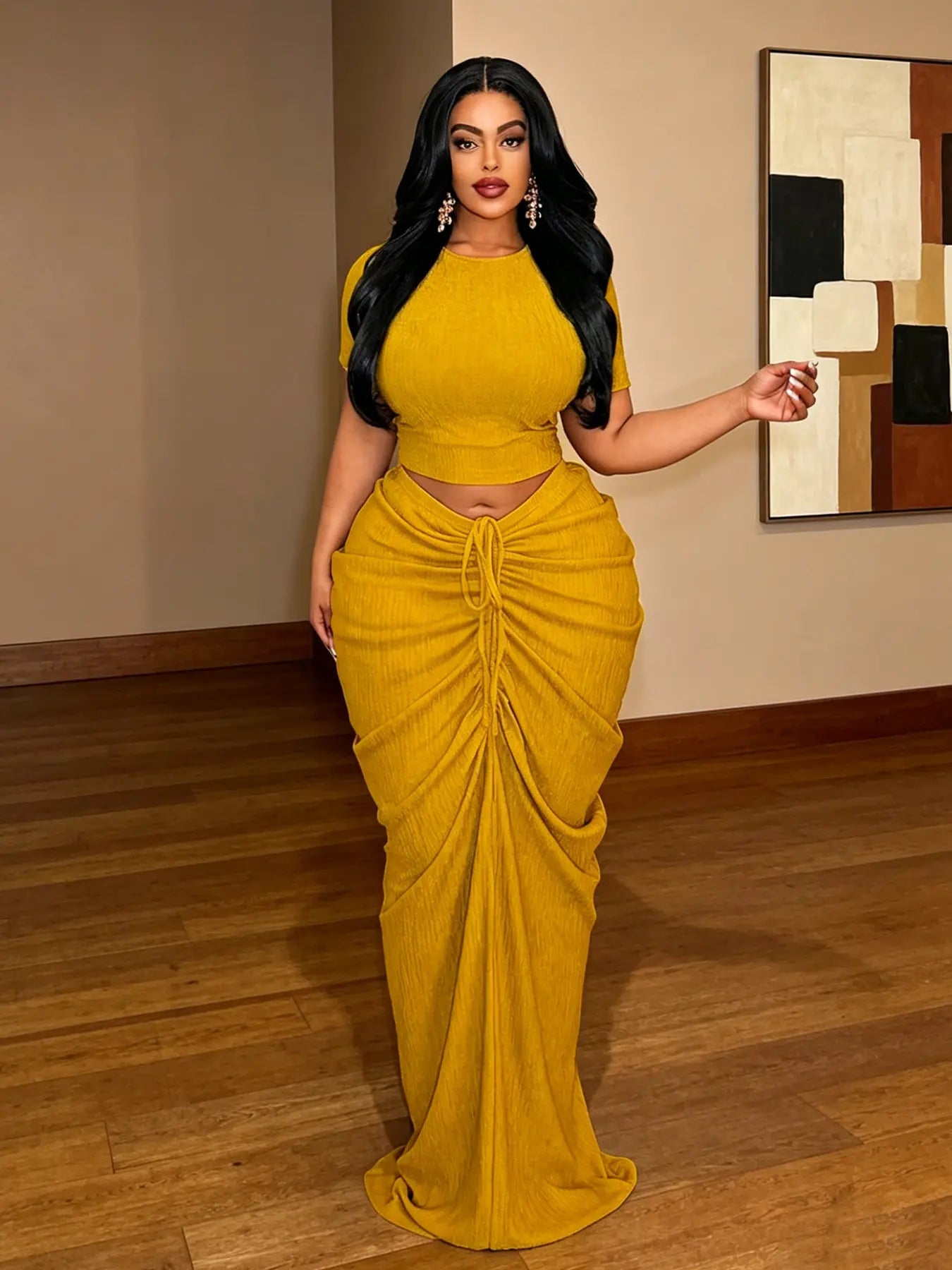 Plus Size Two-Piece Women'S Set, Ribbed Short Top & Drawstring Pleated Skirt, Sexy Slim Fit Evening Party Dress, Curvy Friendly Fashion