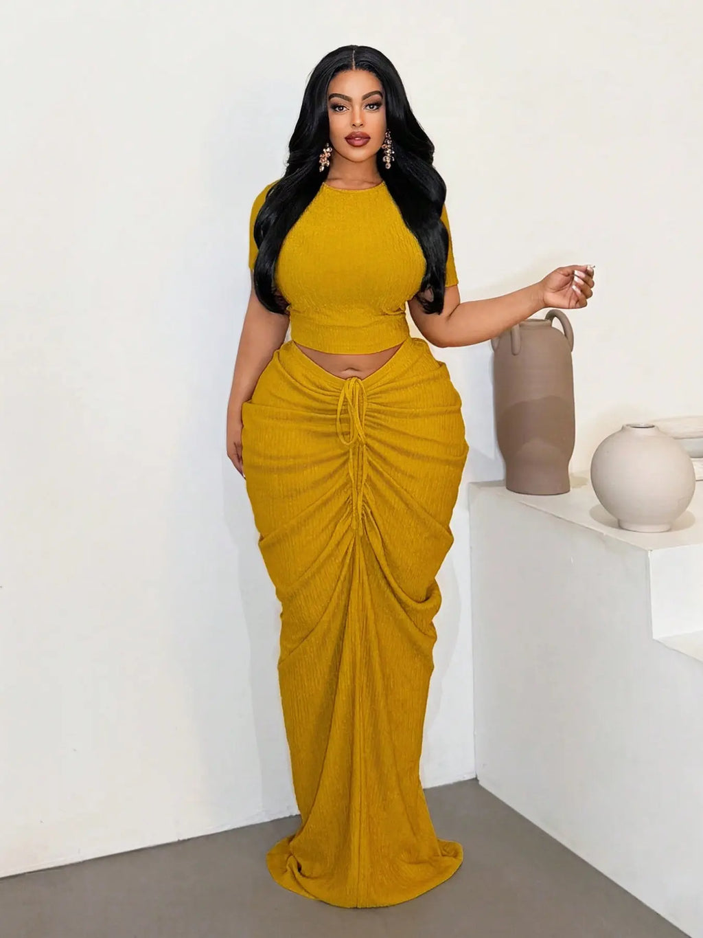 Plus Size Two-Piece Women'S Set, Ribbed Short Top & Drawstring Pleated Skirt, Sexy Slim Fit Evening Party Dress, Curvy Friendly Fashion