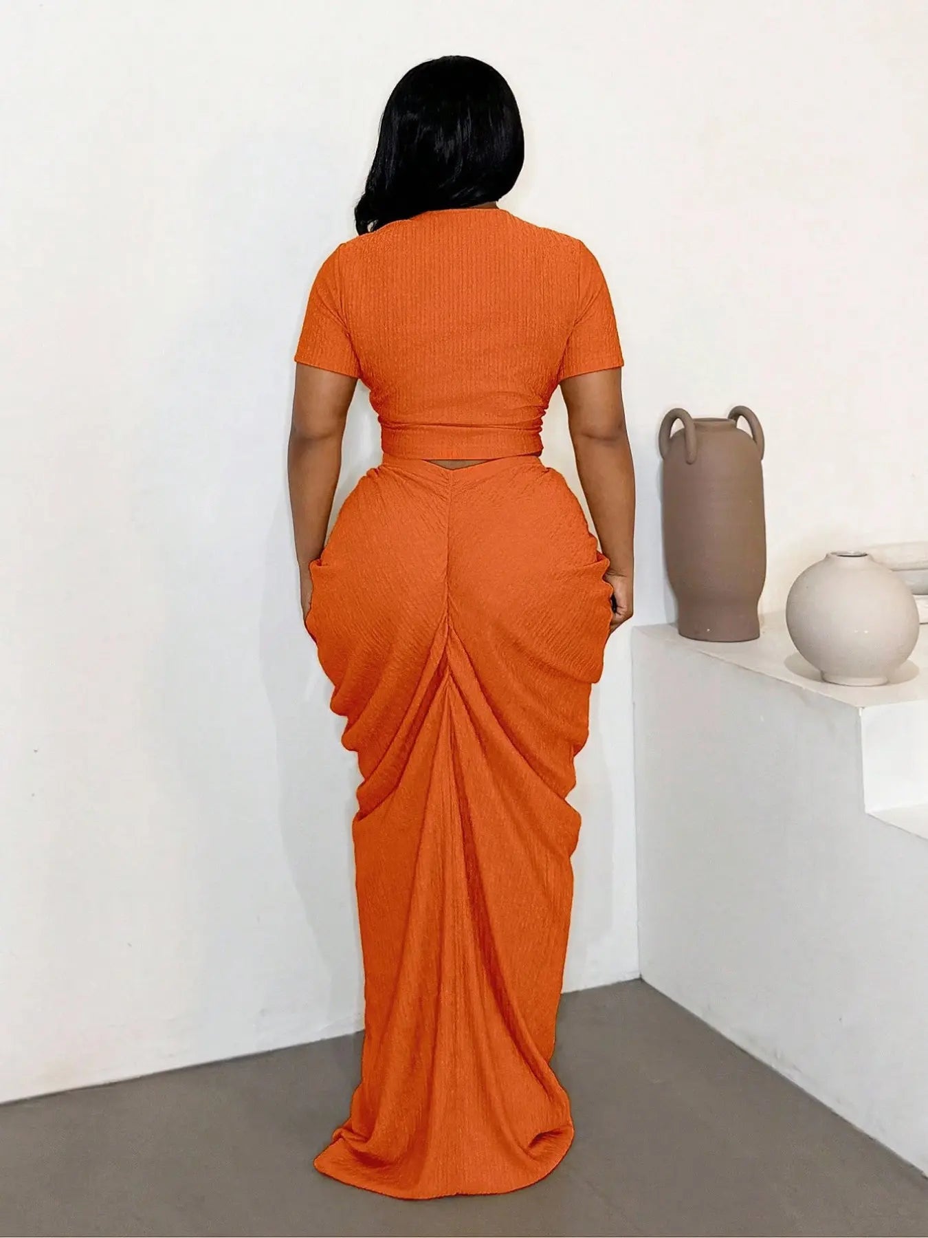 Plus Size Two-Piece Women'S Set, Ribbed Short Top & Drawstring Pleated Skirt, Sexy Slim Fit Evening Party Dress, Curvy Friendly Fashion