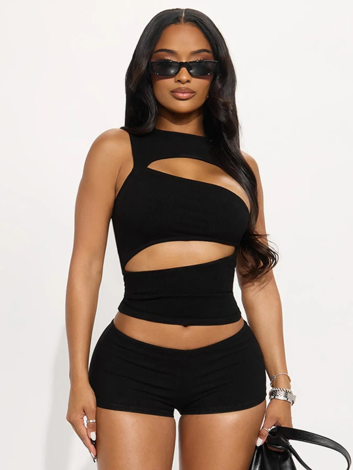 Women'S Solid Color Hollow Out Sleeveless Waist-Cinching Top & Slim Fit Shorts Set, Chic Stylish Hollow Out Design, Perfect for Outings and Dates Womenswear
