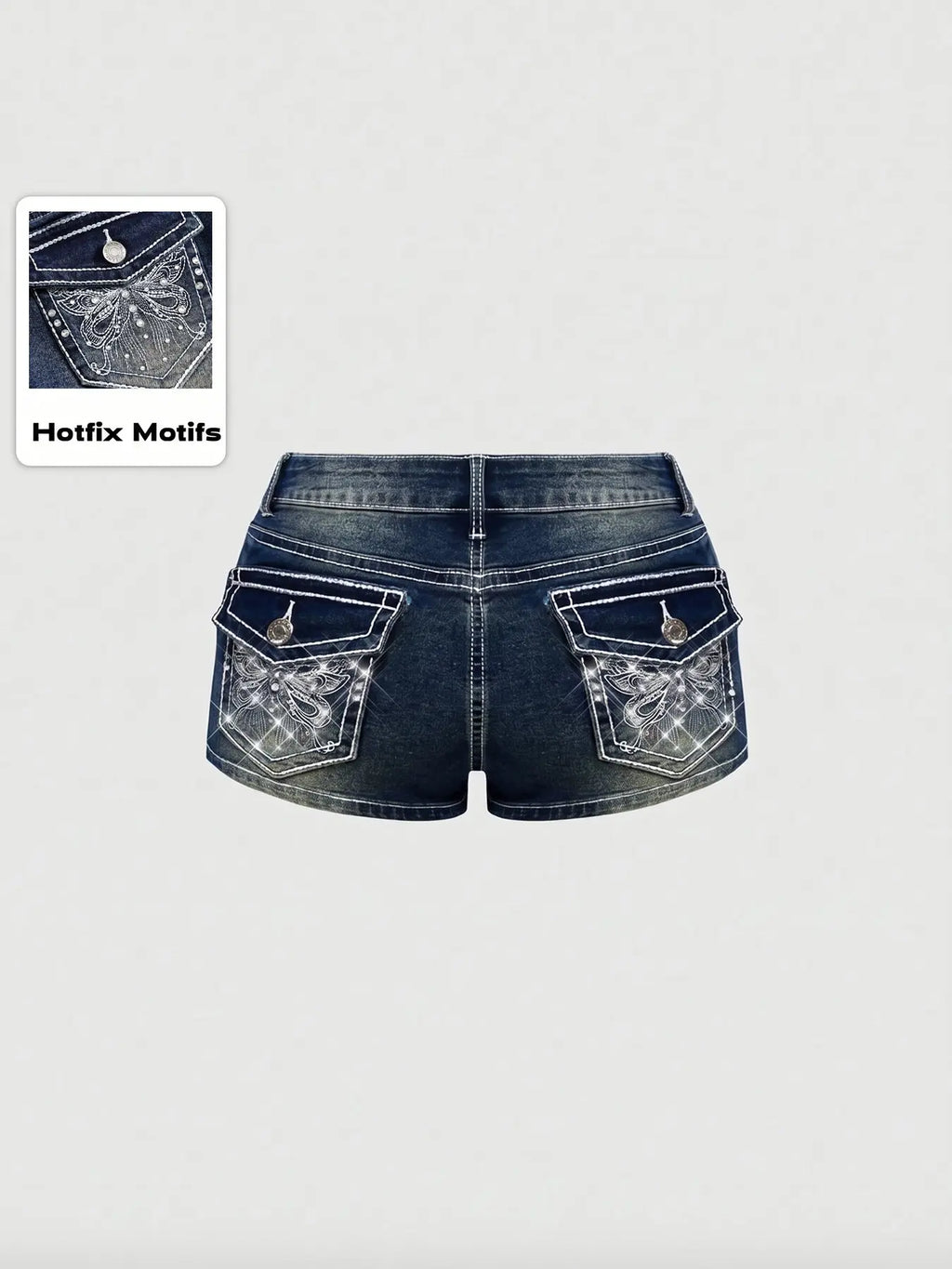Women'S Y2K Butterfly Embroidered Embroidery Rhinestone Low Waist Stretch Denim Bottom Shorts, Light Wash, Fashionable Trend and Comfortable, Perfect for Casual Wear, Womenswear