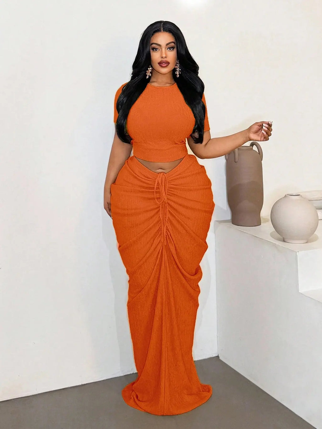 Plus Size Two-Piece Women'S Set, Ribbed Short Top & Drawstring Pleated Skirt, Sexy Slim Fit Evening Party Dress, Curvy Friendly Fashion